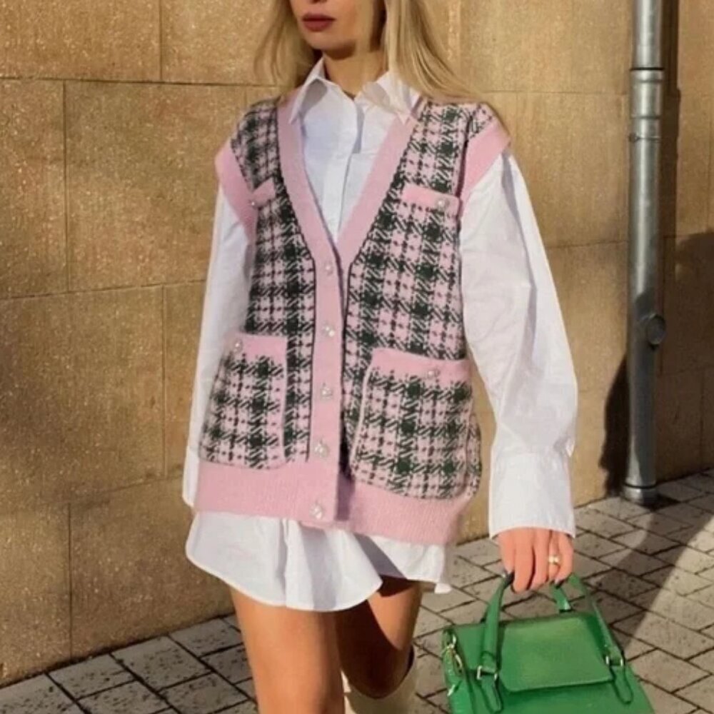 Zara Plaid Sweater Vest Pearl Buttons Pink Green Size Small Blogger Fav - Picture 1 of 8
